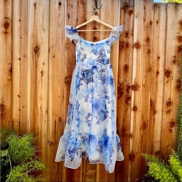 White and Blue Floral Organza Off-the-Shoulder Midi Dress ๐ฟ - Picture 8 of 10